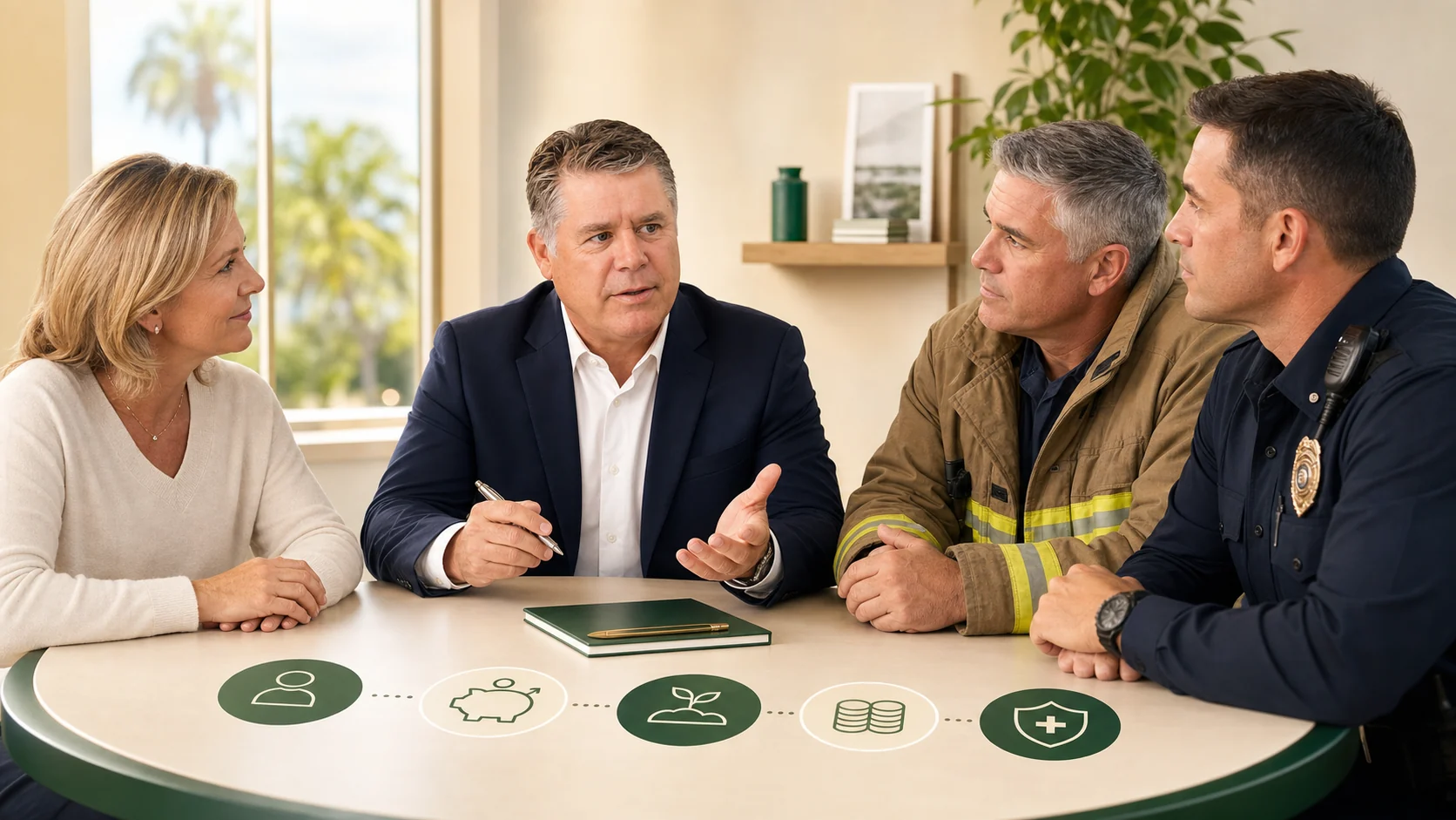 Conceptual illustration of Terry Martine with fictional Florida teacher, firefighter, and police officer clients